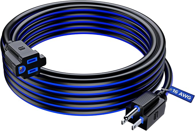 Maximm 25 Ft Black and Blue Extension Cord, Heavy Duty 3-Prong Outdoor Power by MaximmCable