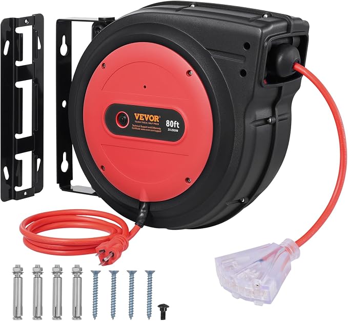 VEVOR 80FT Retractable Extension Cord Reel, 12AWG/3C SJTOW Heavy Duty Power by VEVOR