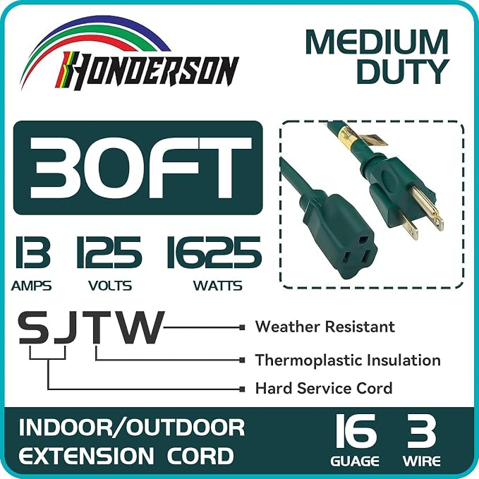 30FT Outdoor Extension Cord-16/3 SJTW Durable Green Extension Cable - Image 2