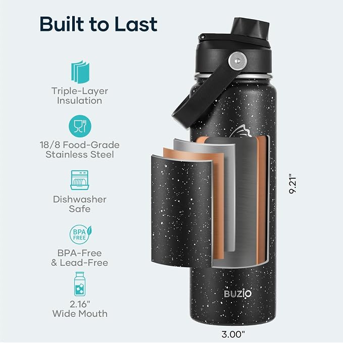 BUZIO 24 oz Insulated Water Bottle, Stainless Steel Wide Mouth Water Flask - Image 4