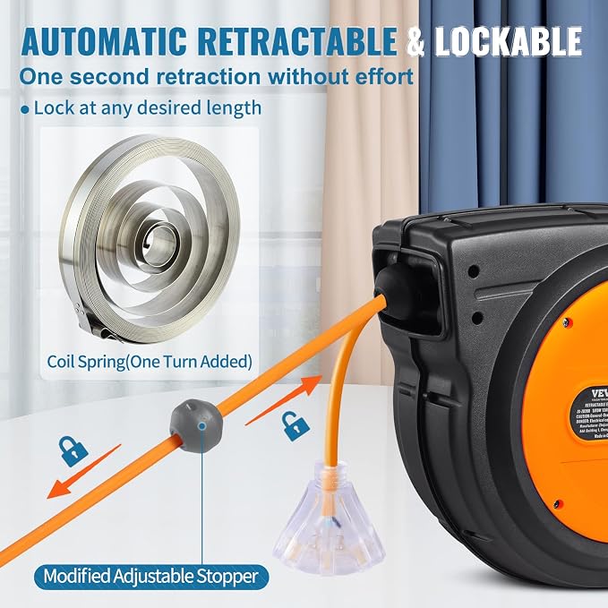 VEVOR Retractable Extension Cord Reel, 65 FT, Heavy Duty 12AWG/3C SJTOW Power - Image 5