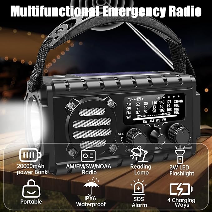 Aivica 20000mah Emergency Radio, SW/NOAA/AM/FM Weather Radio, Solar Powered - Image 7