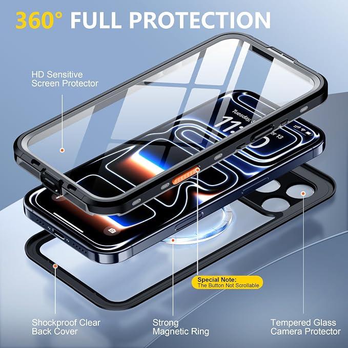 Red2Fire for iPhone 17 Pro Case Waterproof, Phone Case 6.3" Black/Clear - Image 5