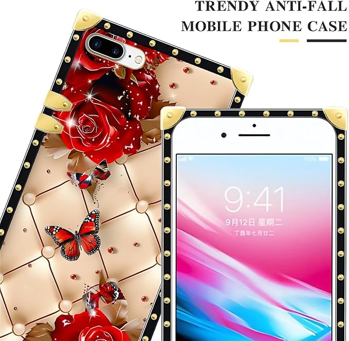 Compatible with iPhone 8 7 SE Case, Shining Red Rose Butterfly Leather - Image 4