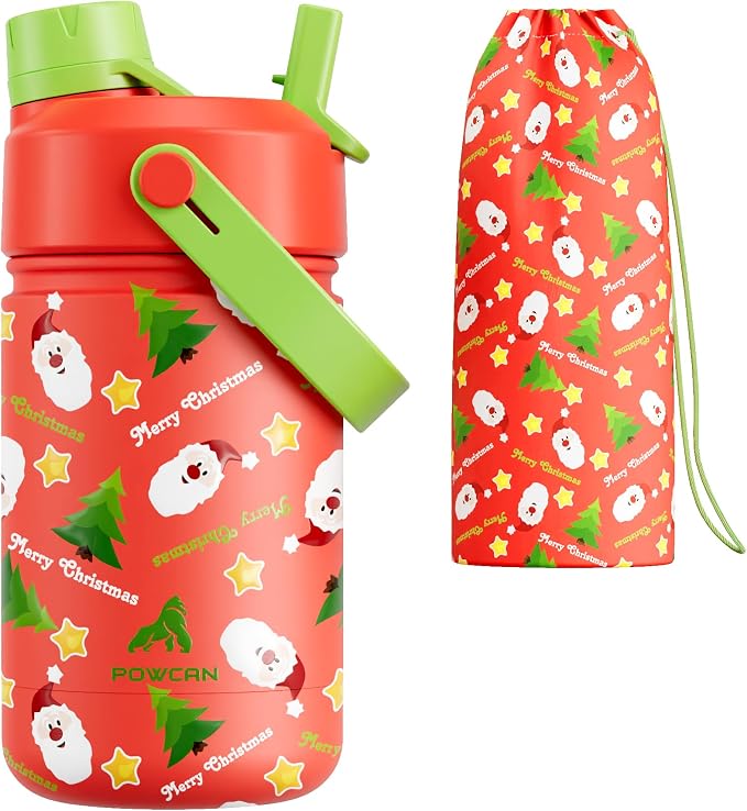 12 oz Kids Christmas Insulated Water Bottle: 2-in-1 Straw Spout Lid, Keep Cold by POWCAN