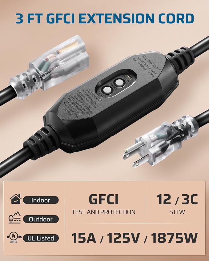 DEWENWILS 3Ft Automatic GFCI Extension Cord Outdoor, 12/3 SJTW Heavy Duty - Image 2