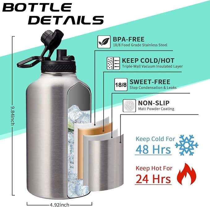 64 oz Insulated Water Bottle Stainless Steel - Image 4