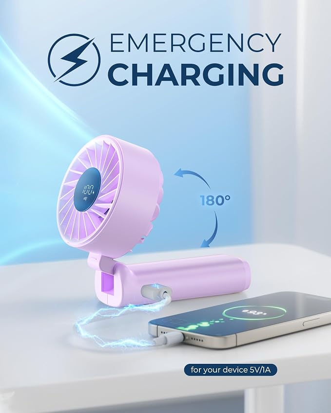 Peiyuu Portable Fan, 4000mAh USB Rechargeable, 180° Foldable Mini Desk Fan - Image 4