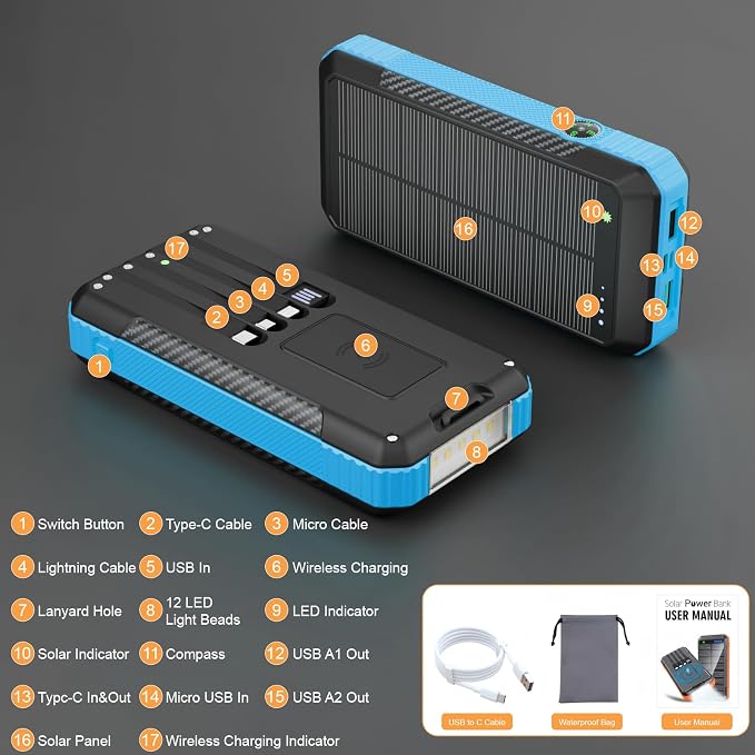 Solar Power Bank 33800mAh with Super Bright LED Flashlight, Built-in 4 Cables & - Image 6