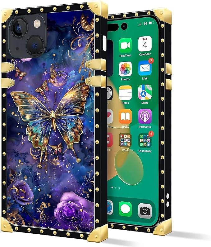 Compatible with iPhone 14 Case, Glistening Golden Butterfly Vibrant Purple Blue - Image 2