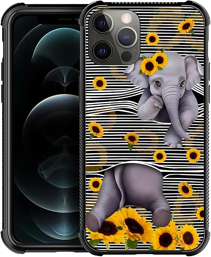 for iPhone 11 Pro Max Case, Cute Little Elephant Sunflower White Line Art by FKBRCL4U
