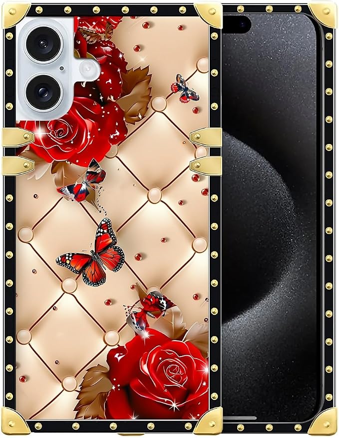 Compatible with iPhone 16 Case, Shining Red Rose Butterfly Leather Background by Unknown