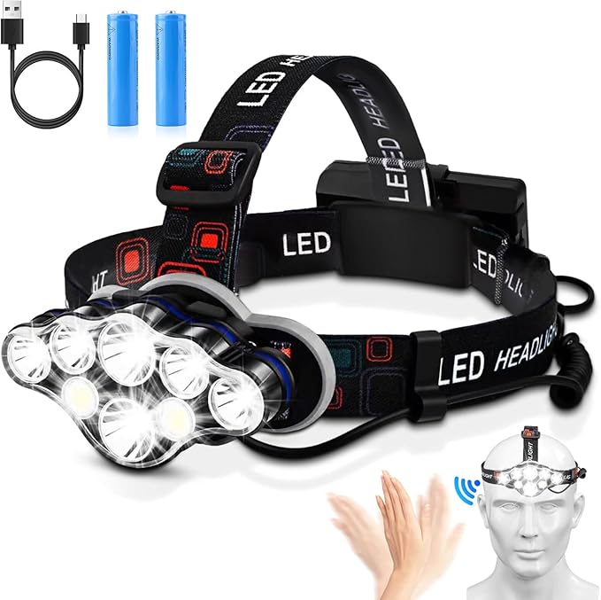 Elmchee Rechargeable Headlamp, 18000 Lumen Bright 8 Led Head Lamp, 16 Modes by Elmchee