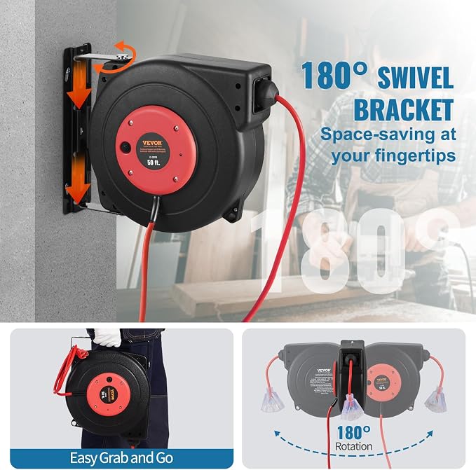 VEVOR Retractable Extension Cord Reel, 50 FT, Heavy Duty 14AWG/3C SJTOW - Image 6