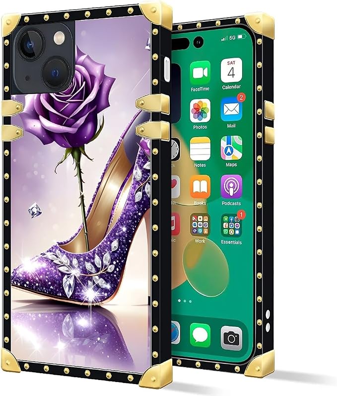 Compatible with iPhone 14 Case, High Heeled Purple Diamond Rose Luxury Golden - Image 2