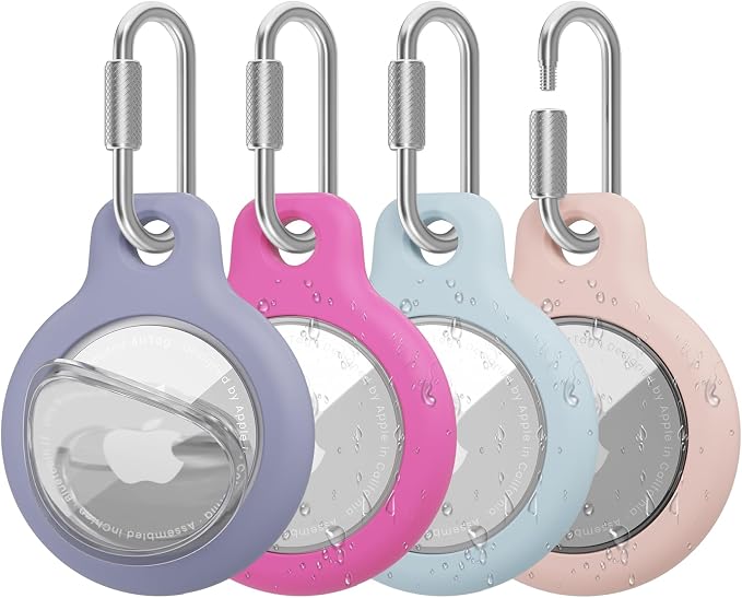 AirTag Holder with 304 Carabiner, 4 Pack IPX8 Waterproof Shockproof PC Hard Case by HOME