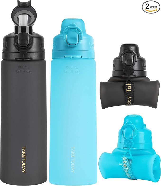 TakeToday Collapsible Water Bottles 21oz, Foldable Platinum Silicone Travel by TAKETODAY