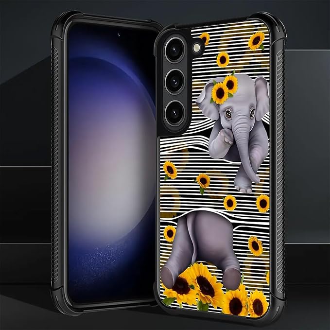 for Samsung Galaxy S23 Case, Cute Little Elephant Sunflower White Line Art - Image 2