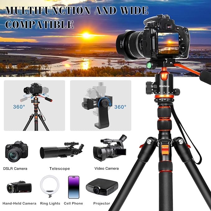 68" Ball Head Camera Tripod & Monopods, 360° Smooth Rotation V-Yoke Rifle - Image 2