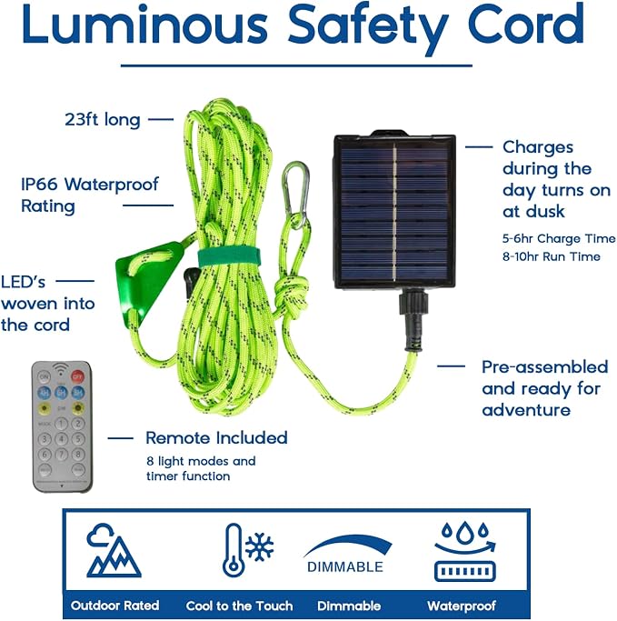 Solar Luminous Paracord Rope, 23ft Solar-Powered Yellow Glow Rope - Image 2