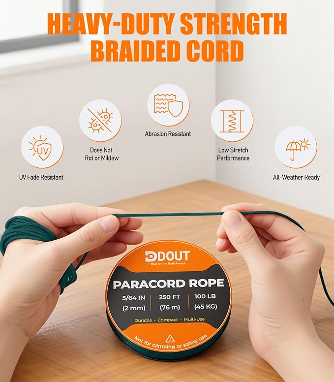 DDOUT 2mm Paracord 100lb, Thin Micro Paracord Rope, DKGreen 250FT Nylon Cord - Image 3