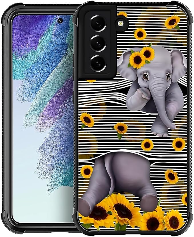 for Samsung Galaxy S21 Plus Case, Cute Little Elephant Sunflower White Line Art by FKBRCL4U