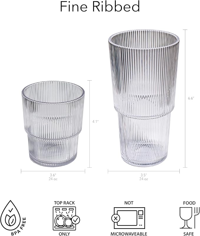 Fine Ribbed 22 oz Durable Acrylic Jumbo Drinking Glasses, Shatter-Resistant and - Image 3