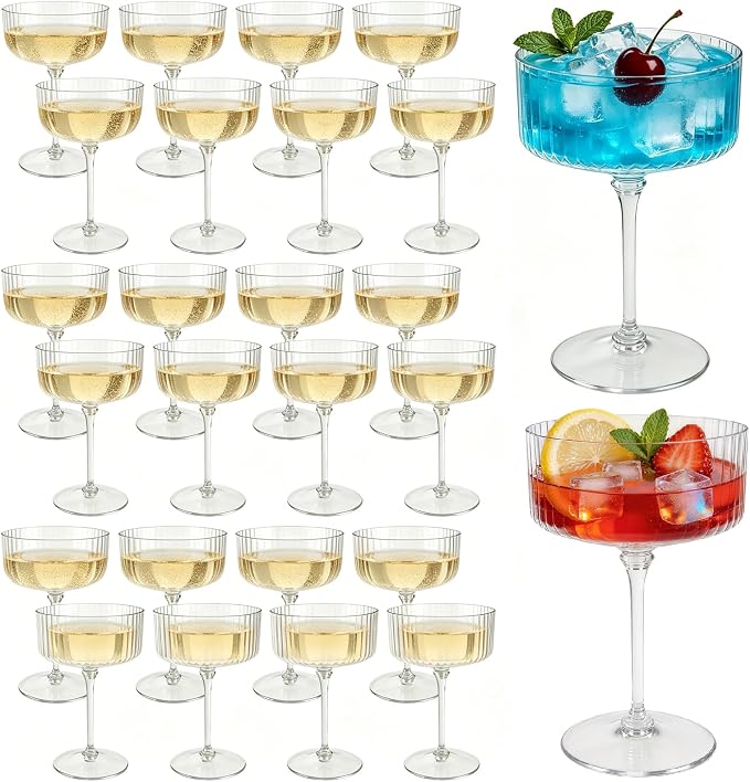 PLULON 24 Pcs Clear Martini Glasses Set 10 Oz Plastic Ribbed Coupe Glass by PLULON