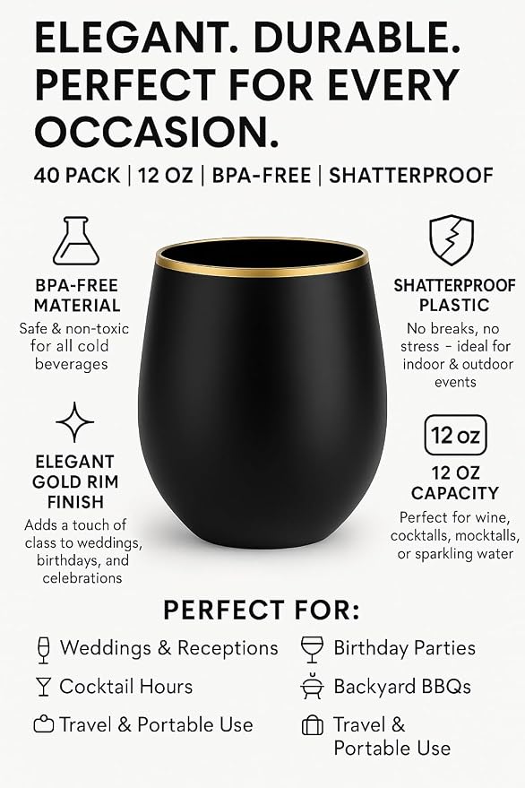 Oojami 40 count 12 Ounce Cups Unbreakable Stemless Plastic Wine Champagne - Image 3