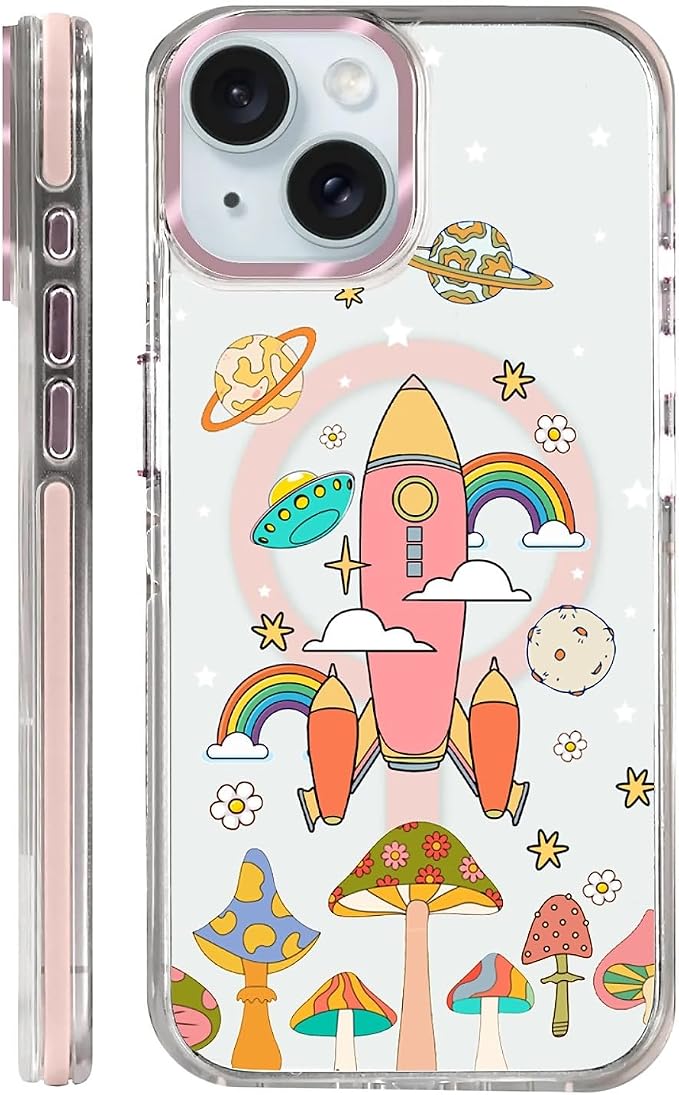 Case for iPhone 14 Plus/15 Plus, Spaceship Mushroom Phone Case Design，for Women by Toulas