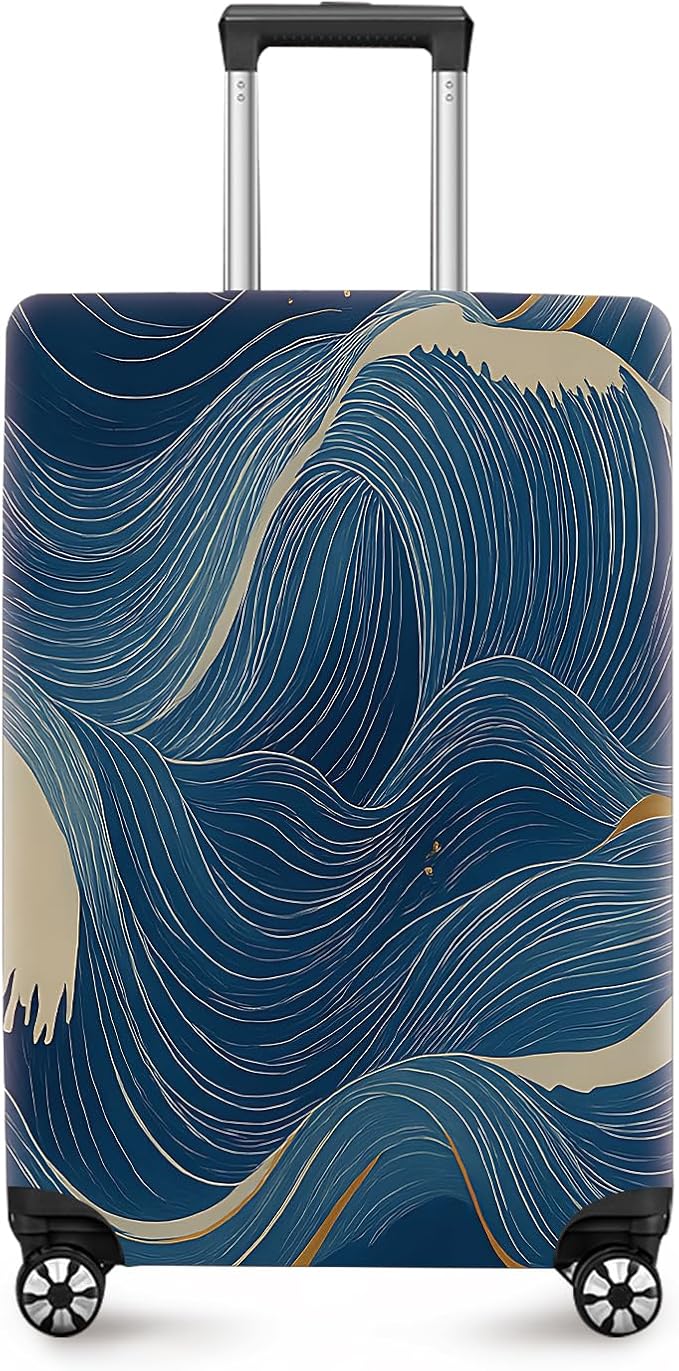 ANNA QUEEN Ocean Wave Luggage Cover, Elegant Blue Flow Line Design Suitcase by ANNAQUEEN