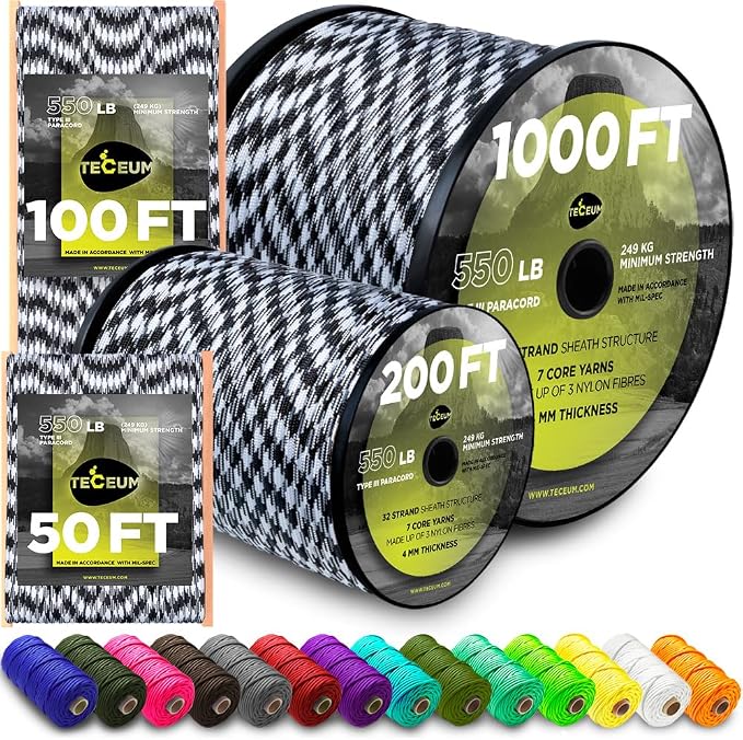 TECEUM 5/32" Paracord Rope 1000 – 1000ft / 200ft / 100ft / 50ft – Tactical by TECEUM