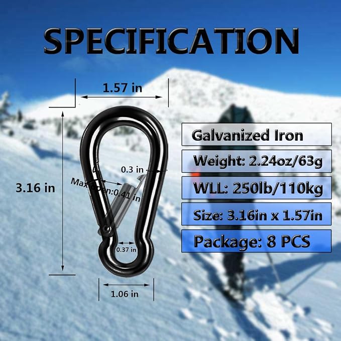 Black Carabiner Clip, Heavy Duty Spring Snap Hook Quick Link - Image 2