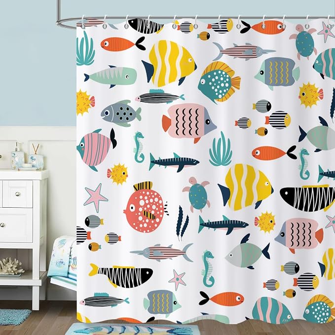 Kid Shower Curtain, Colorful Cartoon Tropical Fish Ocean Beach Theme Bath by Caheansi