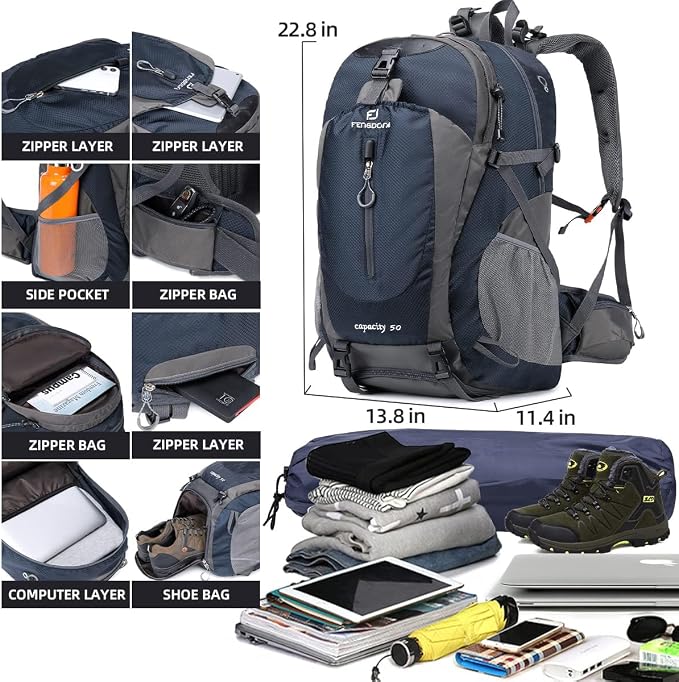 FENGDONG 50L Waterproof Lightweight Outdoor Daypack Hiking, Travel Backpack - Image 2