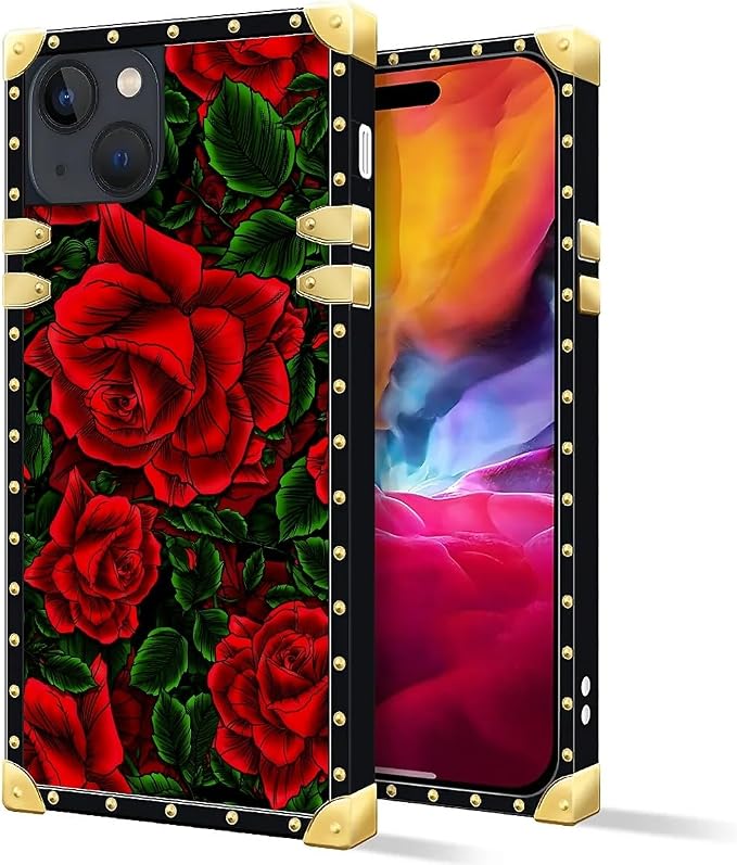 Compatible with iPhone 15 Case, Vector Red Rose Green Leaf Luxury Golden - Image 2