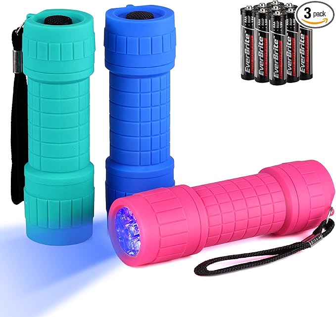 EverBrite UV Blacklight Flashlights 3-Pack Set, 9 LEDs 395nm Mini Black Light by EverBrite