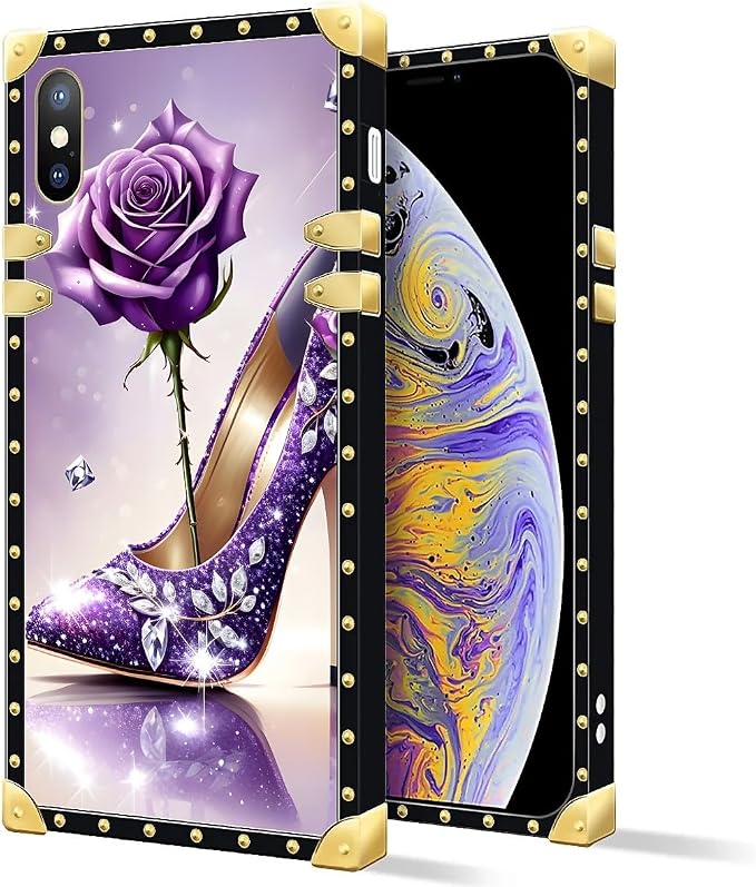 Compatible with iPhone XR Case, High Heeled Purple Diamond Rose Luxury Golden - Image 2