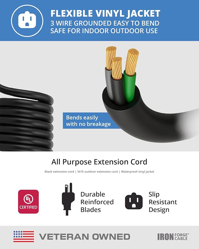 Iron Forge Cable Black Outdoor Extension Cord 50 ft, 50 Foot Outdoor Extension - Image 6
