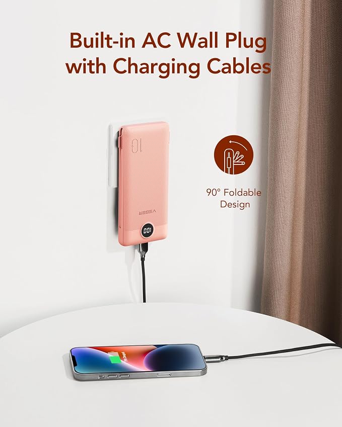 VEGER Portable Charger with Built-in AC Plug and Cables, All in One 10000mAh - Image 3