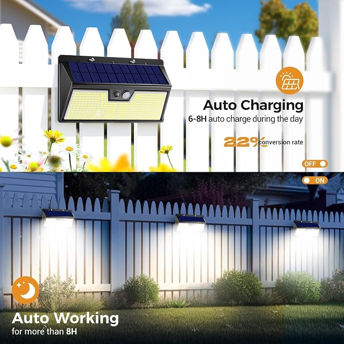 4 Pack Solar Lights Outdoor Motion Sensor, 318 LED Waterproof Fence Light - Image 4