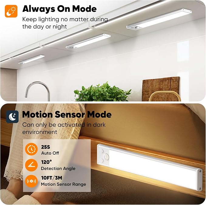 Motion Sensor Under Cabinet Lights, 2500mAh 12inch Battery Operated Wireless - Image 5
