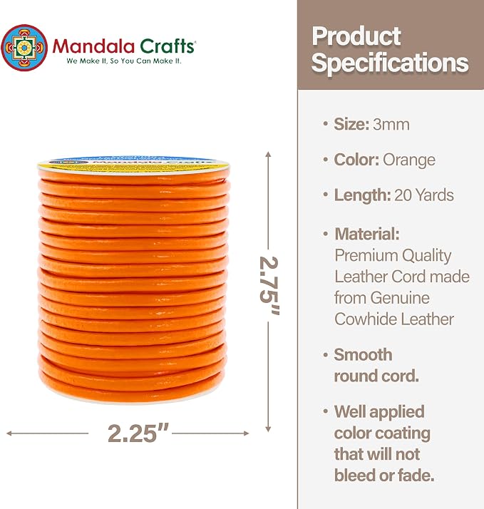 Mandala Crafts Round Genuine Orange Leather Cord - Image 4