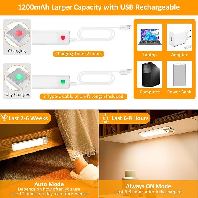 30-LED Motion Sensor Under Cabinet Lighting, 8-inch Magnetic Rechargeable Under - Image 6