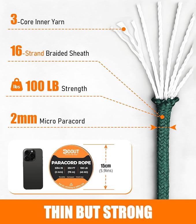 DDOUT 2mm Paracord 100lb, Thin Micro Paracord Rope, DKGreen 250FT Nylon Cord - Image 2
