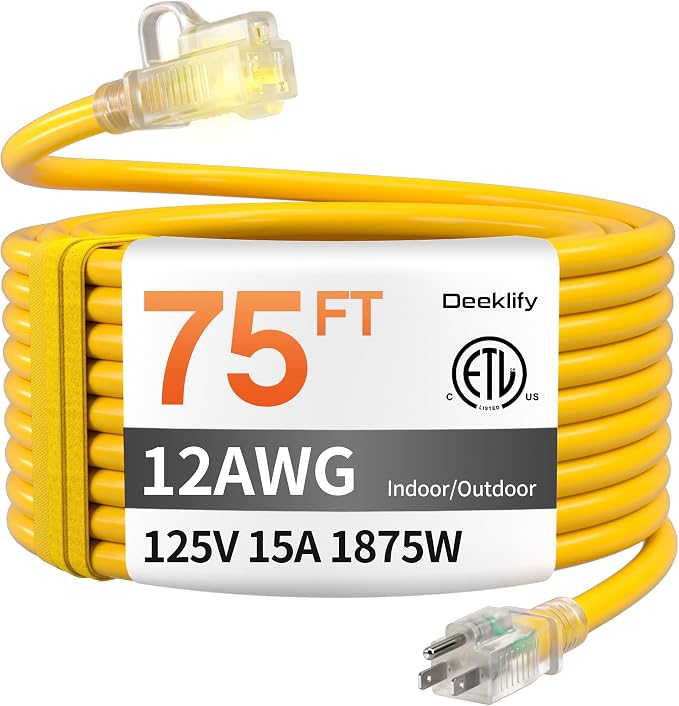 12AWG 75 FT Heavy Duty Outdoor Extension Cord Waterproof by Deeklify
