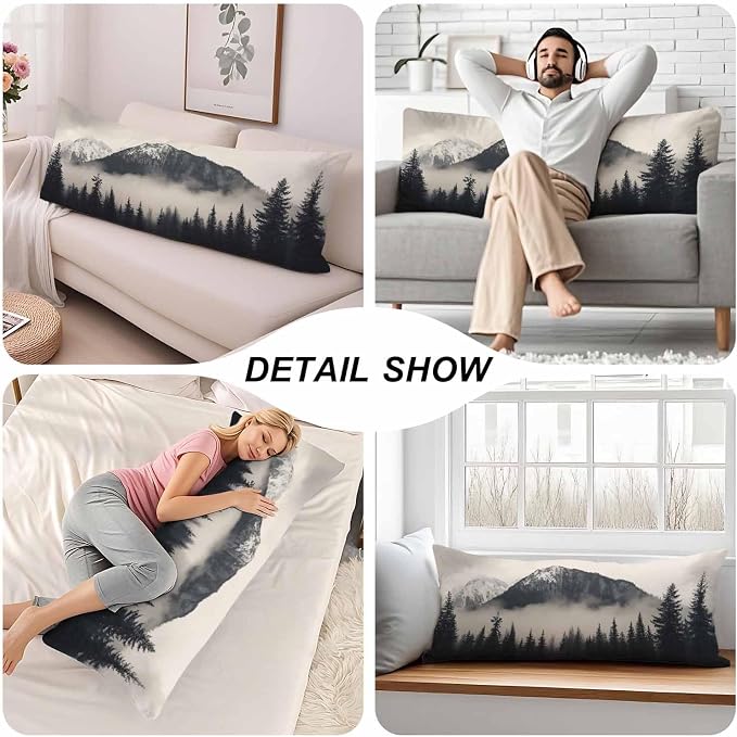Forest Rectangle Body Pillow Covers Foggy Forest Mountain Winter 20"X54" Couch - Image 5