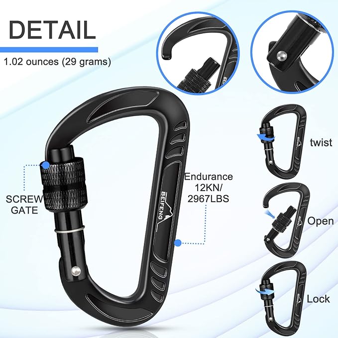 BEIFENG Heavy Duty Lightweight Locking Carabiner Clips D Ring - Image 3