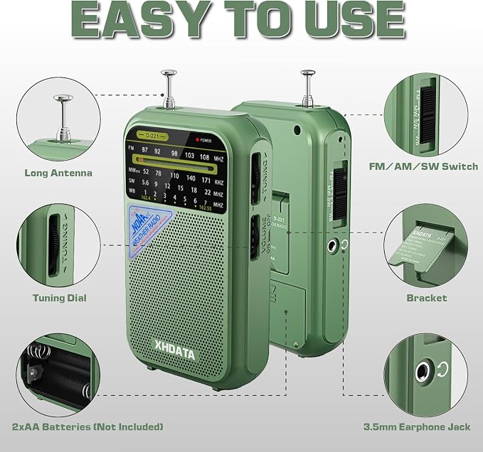 XHDATA D221 NOAA Weather Radio Portable AM FM Shortwave Radio Receiver - Image 5