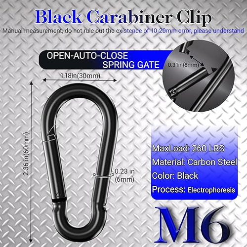 100 Pack 2.36" Spring Snap Hook Carabiners, M6 Galvanized Steel Black Small - Image 2